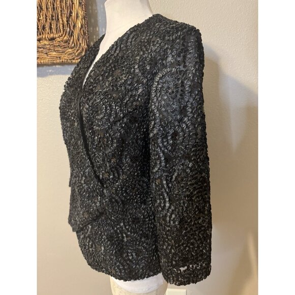 Helene Blake Sequin Faux Wrap Evening Blouse Women 14 Lace Sleeve V Neck Black - Picture 4 of 8